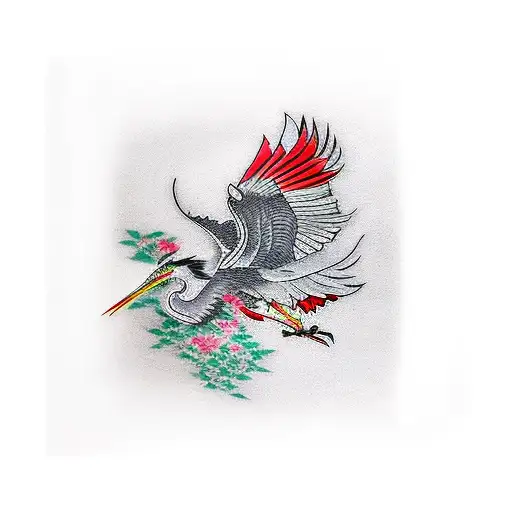 Yakuza style tattoo of herons flying on a black background with red wisteria tattoo design idea
