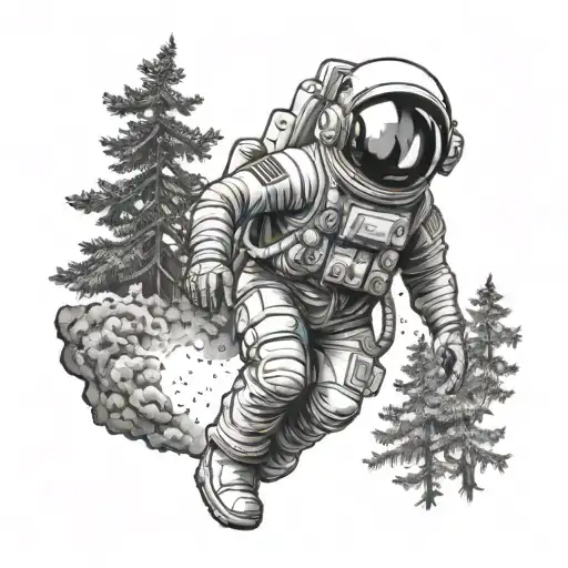 ufo light beaming down on astronaut in a dark overgrown forest   tattoo design idea