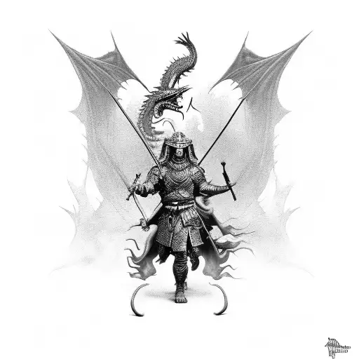 warrior facing a dragon tattoo design idea