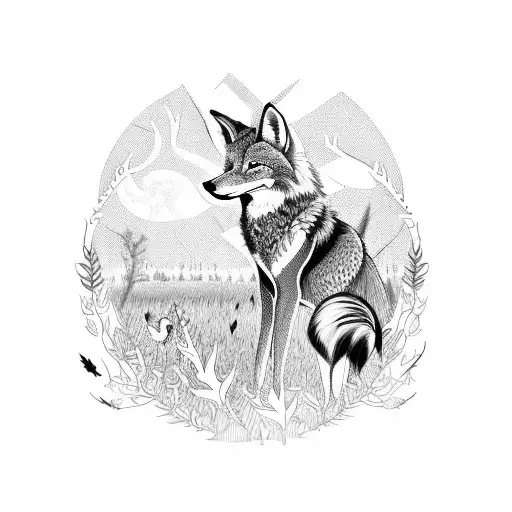 A detailed blackwork tattoo of a majestic coyote hunting in a field of pheasants, surrounded by intricate leaf patterns tattoo design idea