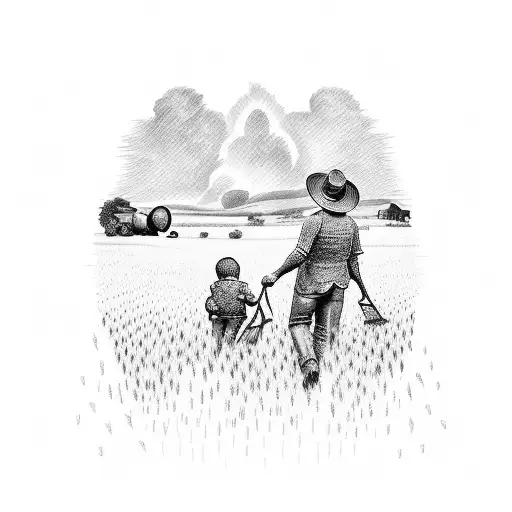 A dotwork tattoo of a father and child farming together, with a background of a scenic farm landscape tattoo design idea