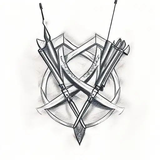 A sketch style tattoo of a bow and arrow intertwined with a hunting rifle, symbolizing the client's love for both weapons tattoo design idea
