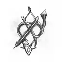 A sketch style tattoo of a bow and arrow intertwined with a hunting rifle, symbolizing the client's love for both weapons tattoo design idea