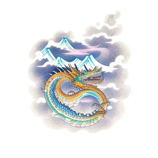 dragón sobrevolando una isla  tattoo design idea