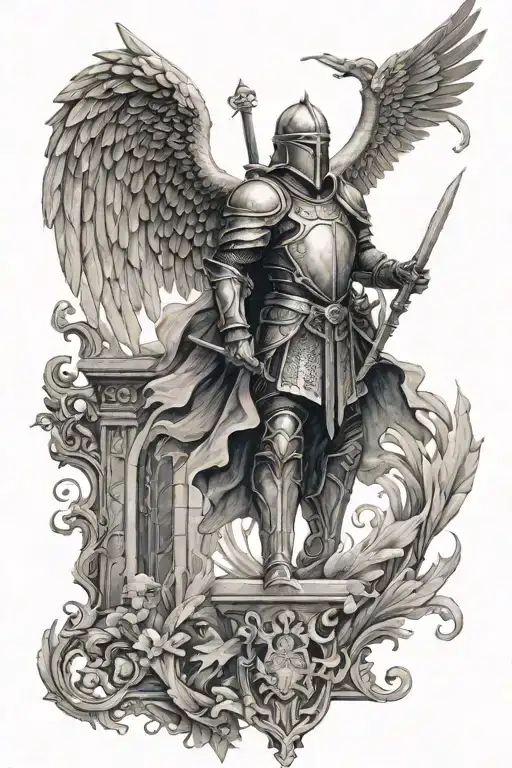 Knight and heavenly gate and angel in the background tattoo design idea