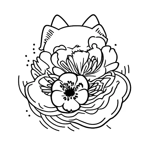 Tatuagem de peonia com gato tattoo design idea