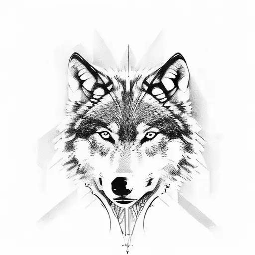 Wolf, half of his face made in tribal style, the other half normal, black, green-blue eyes tattoo design idea