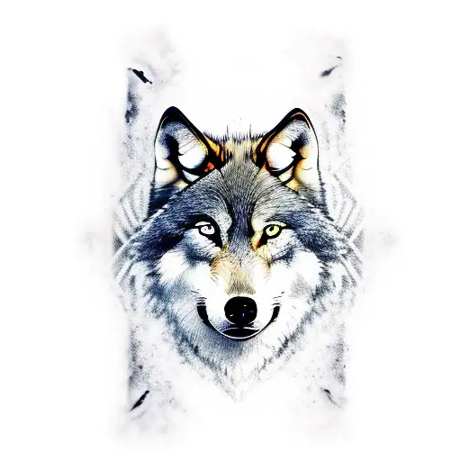 Wolf, half of his face made in tribal style, the other half normal, black, green-blue eyes tattoo design idea