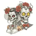 a chemical man with a hazmat mask and a bride in a wedding dress who is half robot half skeleton  tattoo design idea