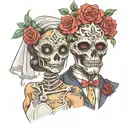a chemical man with a hazmat mask and a bride in a wedding dress who is half robot half skeleton  tattoo design idea