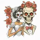 a chemical man with a hazmat mask and a bride in a wedding dress who is half robot half skeleton  tattoo design idea