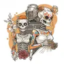a chemical man with a hazmat mask and a bride in a wedding dress who is half robot half skeleton  tattoo design idea