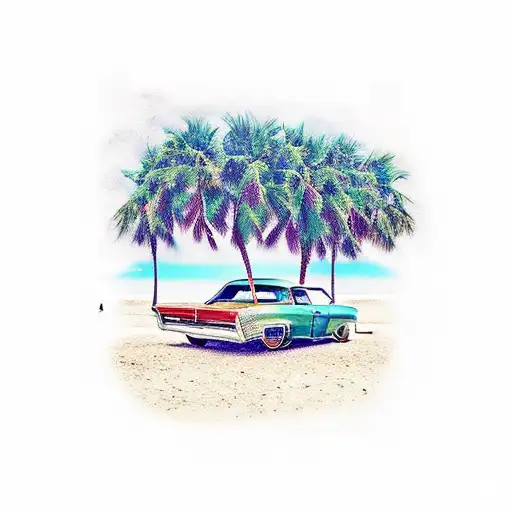 Low rider car palm tree miami landscape peoples beach street color realistic tattoo design idea