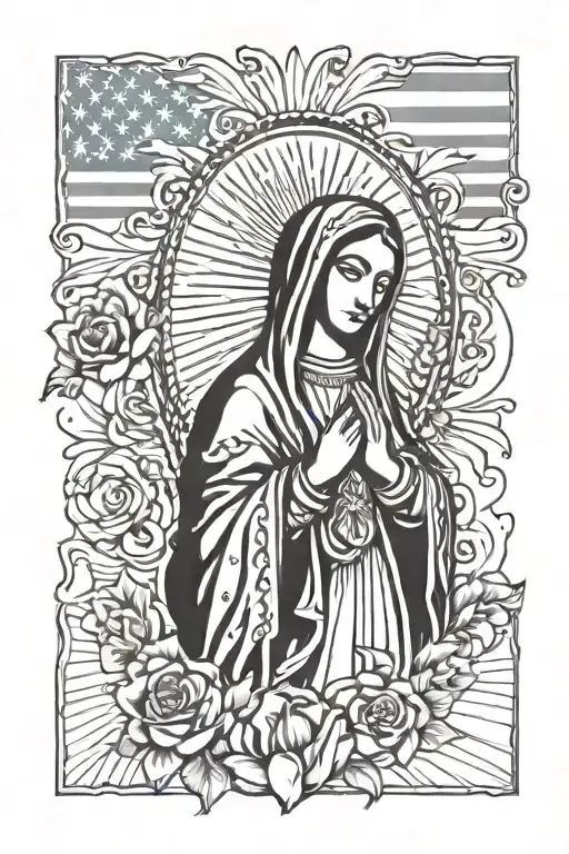 guadalupe virgin mary whit mexican flag on background tattoo design idea