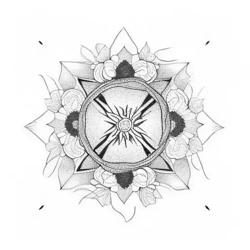 A blackwork tattoo of a bouquet of flowers with the Bring Me The Horizon star logo incorporated into the design. tattoo design idea