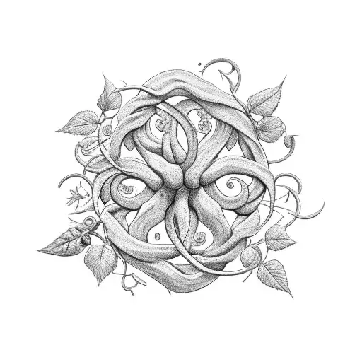 A black-grey tattoo of a vine with various flowers intertwined, with the Bring Me The Horizon star logo hanging from one of the vines. tattoo design idea