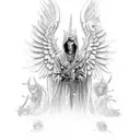 hooded angel warriors fighting demons tattoo design idea