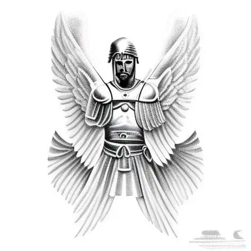 greek warrior angel with pain in his heart tattoo design idea