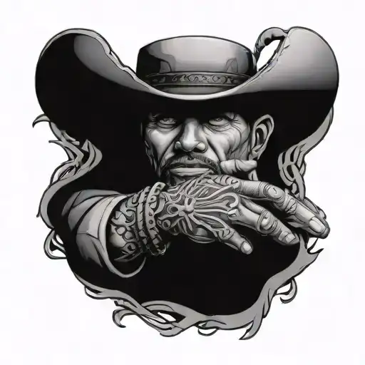 cowboy in front of cross inside playing card with barbed wire on the outside tattoo design idea