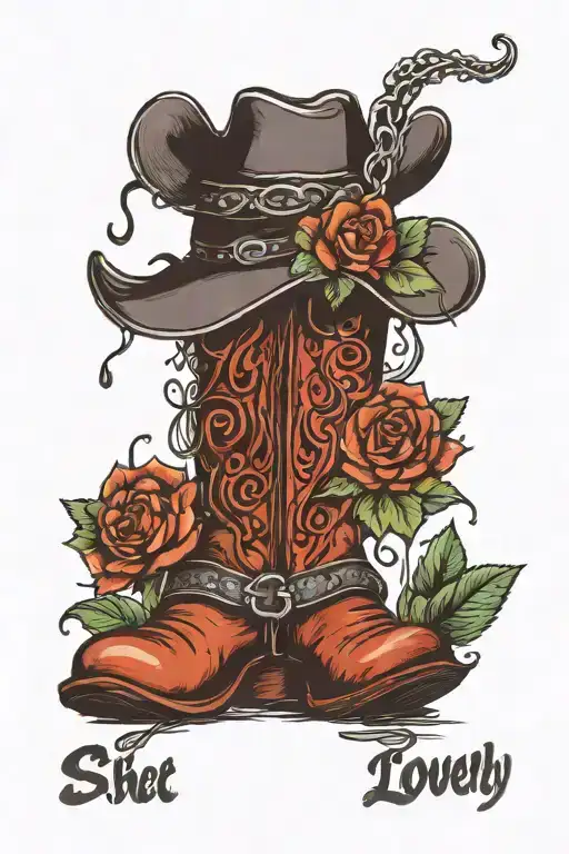 half of a vi el record with the words isnt she lovely coming out in cursive, with cowboy boots, a hair pick, cherry blos tattoo design idea