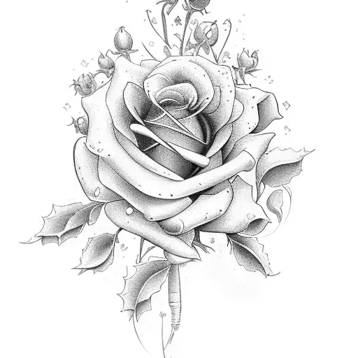 flower bunch with: Rose, Holly, Daisy, Daffodils, Larkspur, Poppy and Aster tattoo design idea