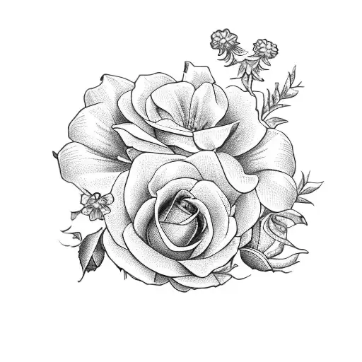  A black and white tattoo with the following flowers: Rose, Holly, Daisy, Daffodils, Larkspur, Poppy and Aster. Please a tattoo design idea