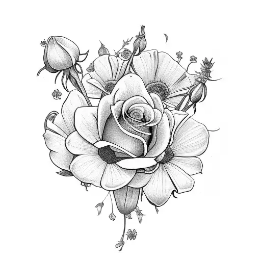 Rose, Holly, Daisy, Daffodils, Larkspur, Poppy and Aster tattoo design idea