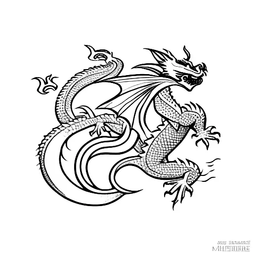 medieval dragon made on thin linea tattoo design idea