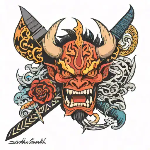 oni and sword with names Sarah, Jake, Lucia tattoo design idea
