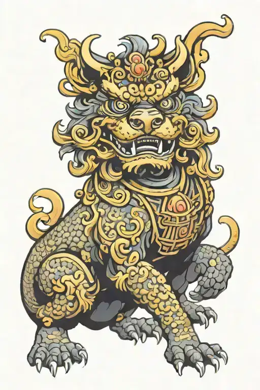 foo dog w gold accent tattoo design idea