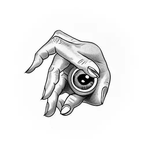 Side profile outstretched hand holding an intense staring eyeball tattoo design idea