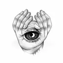 Side profile outstretched hand holding an intense staring eyeball tattoo design idea