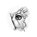 Side profile outstretched hand holding an intense staring eyeball tattoo design idea
