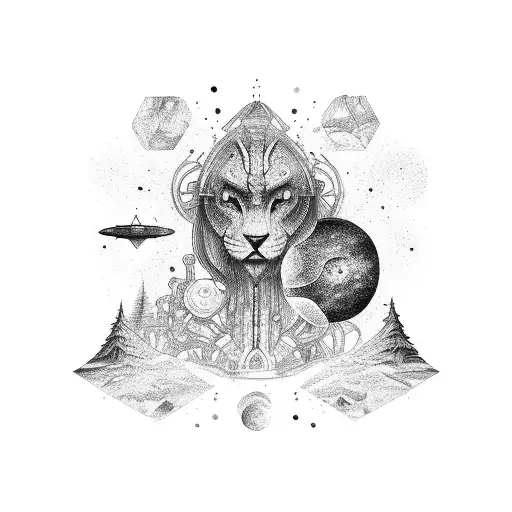 sleeve with lines and forrest, cogs, space, no animals tattoo design idea