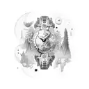 sleeve with lines and forrest, cogs, space, no animals tattoo design idea