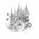 sleeve with lines and forrest, cogs, space, no animals tattoo design idea