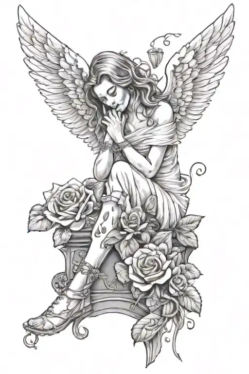 crying female angel large beautiful wings  holding her legs  with roses and rose petals and tombstone  tattoo design idea