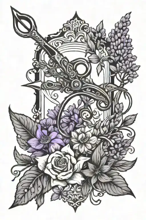 scissor surrounded by lavender flower tattoo design idea