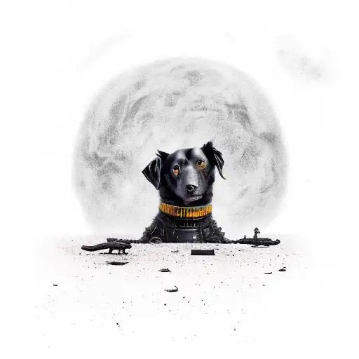 A black dog with missing legs and bones sticking out, scary, mad max style tattoo design idea