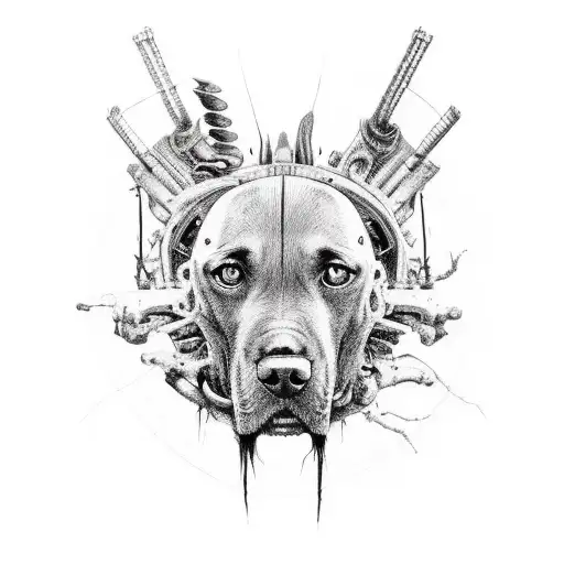 A black dog with missing legs and bones sticking out, scary, mad max style tattoo design idea