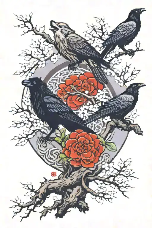 a wolf and a raven are near a tree tattoo design idea