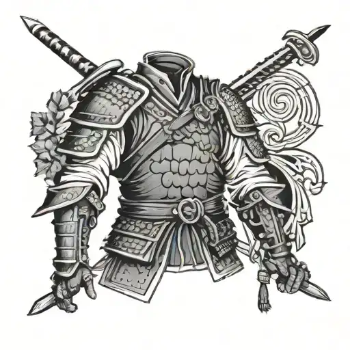 An outfit design inspired by traditional samurai armor, incorporating elements of gaming symbols tattoo design idea