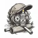 baseball cap leaning on a gin bottle  tattoo design idea