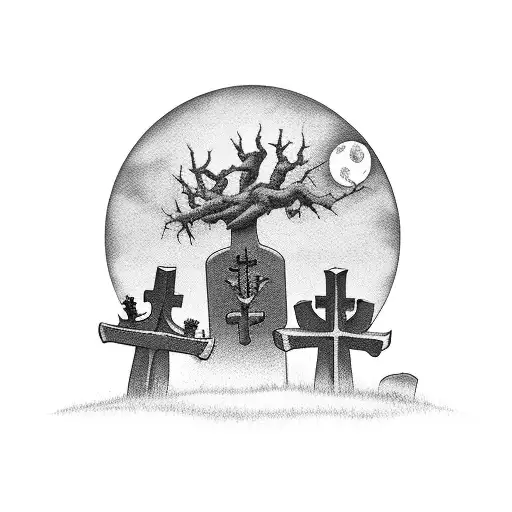 A haunting graveyard scene with tombstones and a full moon tattoo design idea