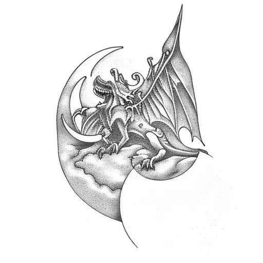 Gargoyle perched on a tombstone under a crescent moon tattoo design idea