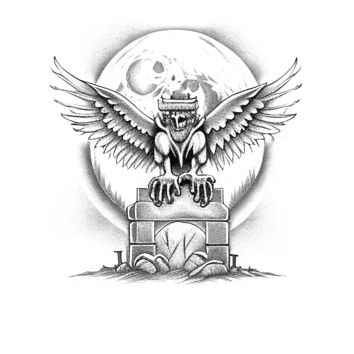 A graveyard scene with a gargoyle spreading its wings under a full moon tattoo design idea