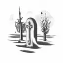 A haunting graveyard scene with tombstones and a full moon tattoo design idea