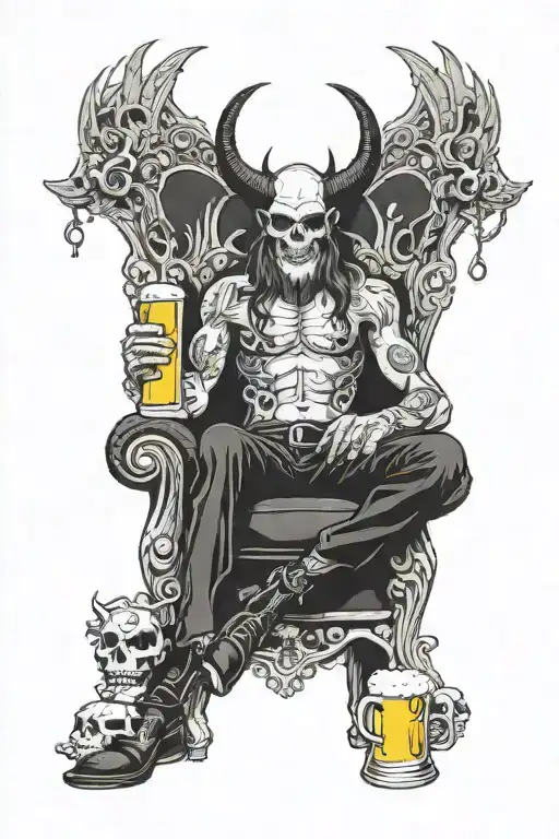 devil with smoke and beer sitting on skull throne  tattoo design idea