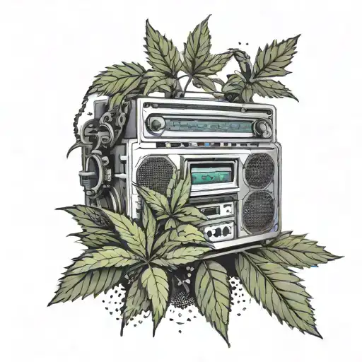 A detailed sleeve tattoo depicting a marijuana plant growing from a boombox, with Death Row Records insignia incorporated into the design tattoo design idea