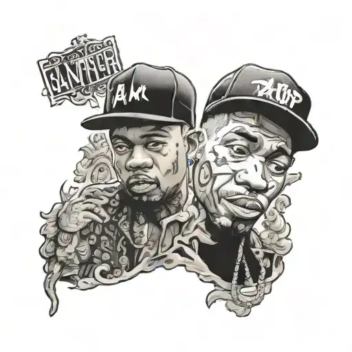 A gangster rap themed tattoo showcasing famous rappers and their lyrics in a traditional style tattoo design idea